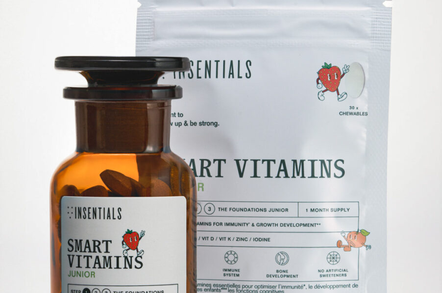 Smart Vitamins Junior by KickCancer and Insentials: jar with label, one-month refill pouch and a few pale beige chewable tablets.