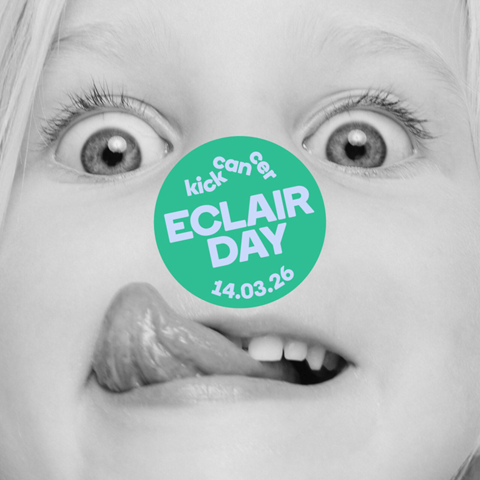 Close-up black-and-white portrait of a child making a funny face with their tongue out, overlaid with a green KickCancer “Eclair Day 14.03.26” campaign badge at the centre.