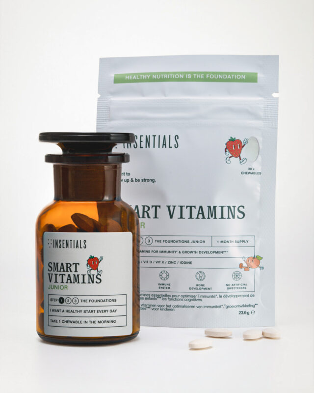 Smart Vitamins Junior by KickCancer and Insentials: jar with label, one-month refill pouch and a few pale beige chewable tablets.