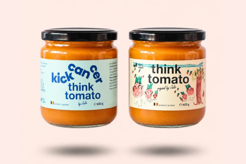 Two 400 g jars of think tomato sauce: the kick cancer limited edition label on the left, the original label on the right.